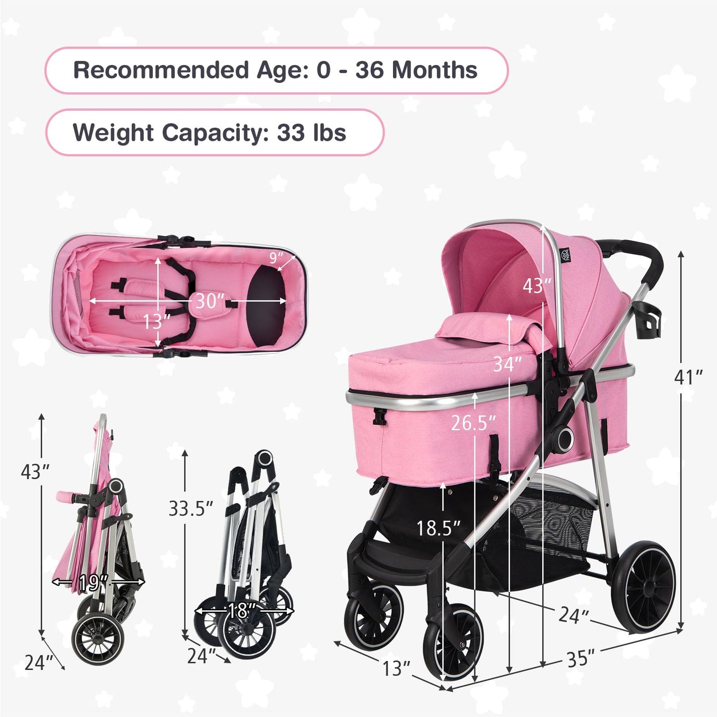 Convertible Baby Stroller Pink